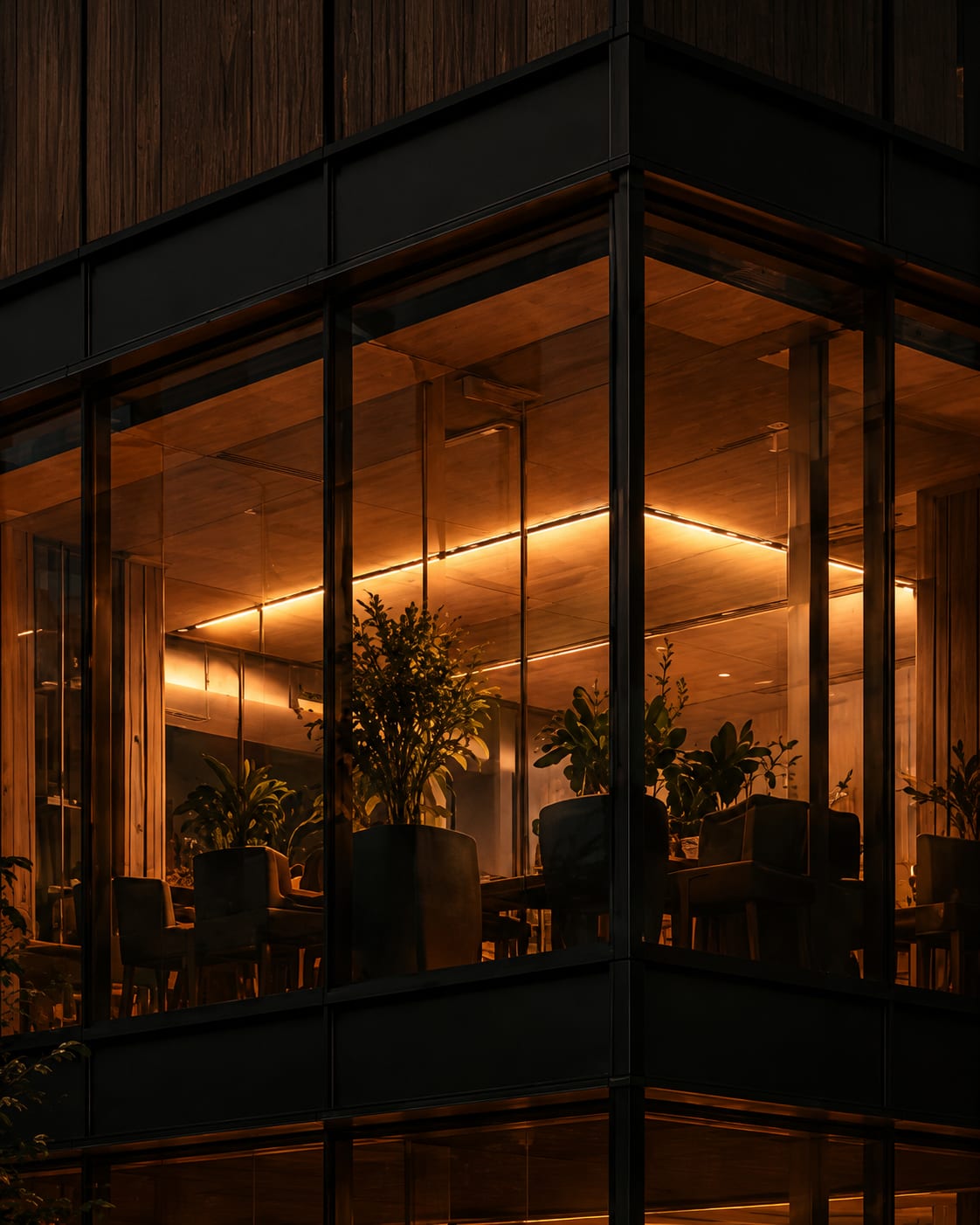 A commercial real estate office at dusk